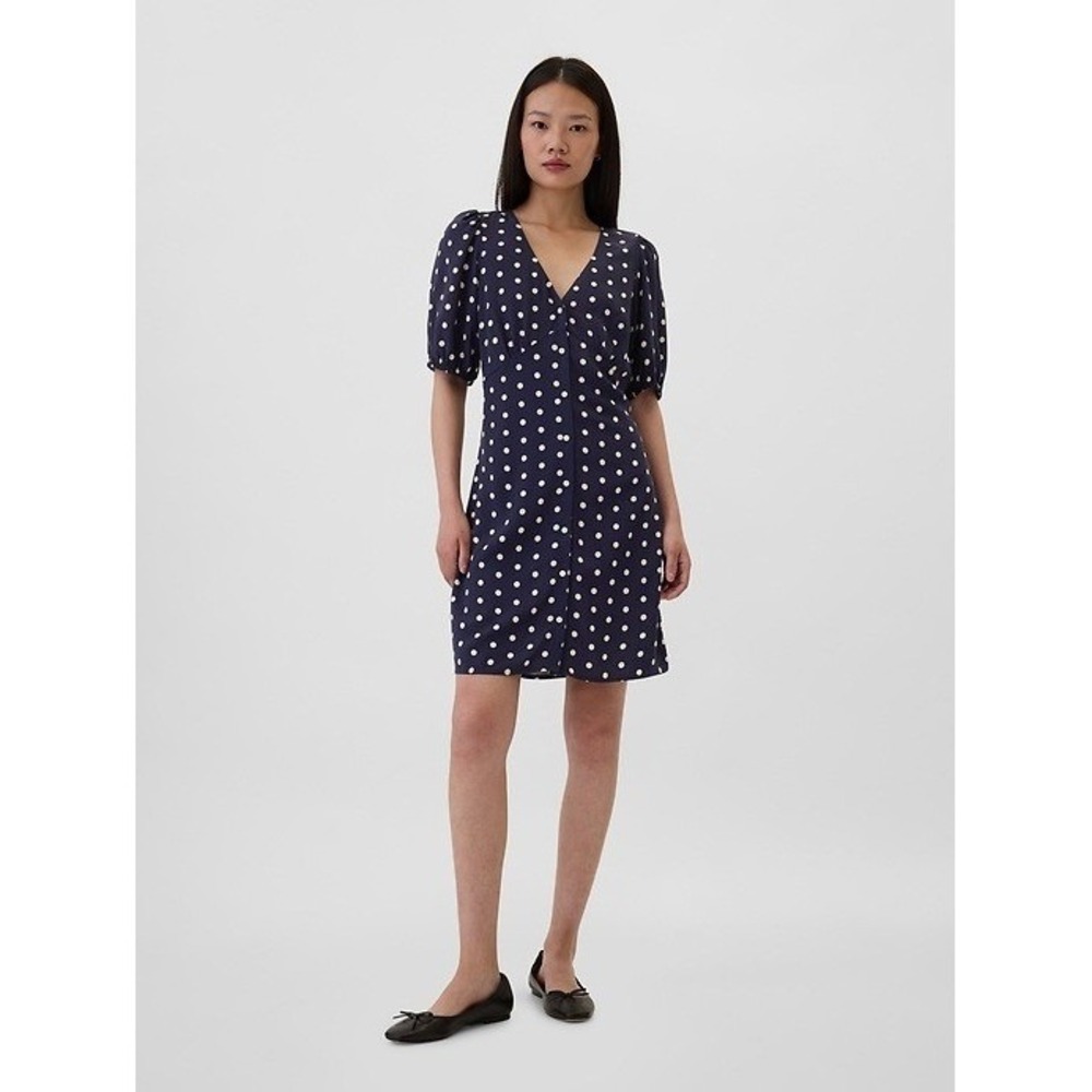 GAP Navy White Polka Dot‎ Button Front Puff Sleeve Mini Dress Medium